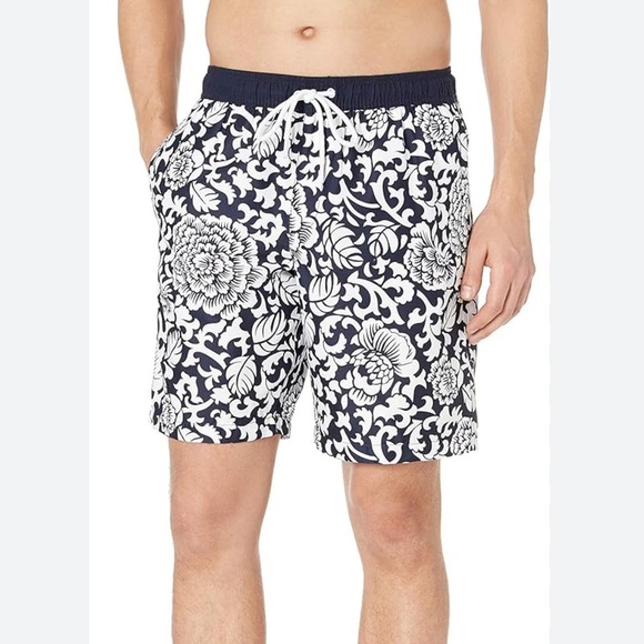 NWT Amazon Blue/White Floral Drawstring Hawaiian Swim Trunks Size Large - Picture 1 of 11